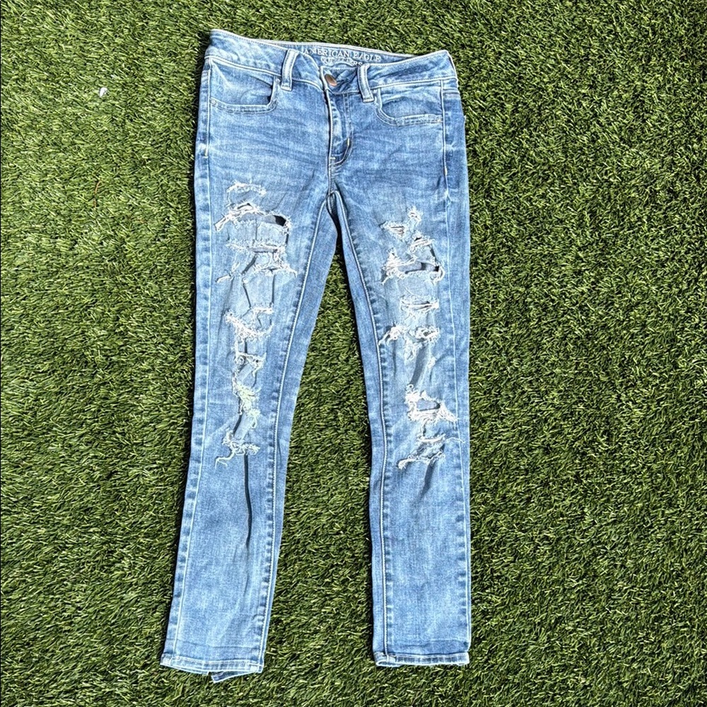 American Eagle Super Stretch Jegging Ankle Distressed Blue Jeans Size 2